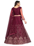 Maroon embroidered net lehenga top and dupatta, semi-stitched (WAIST 42, LENGTH 44), glitter work, Indian origin
