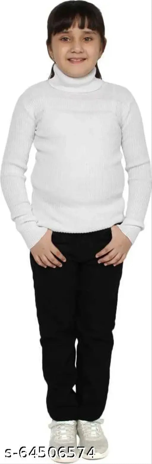 White wool sweater for girls, warm and soft winter wear for kids, LOVO branded solid patterned long sleeves