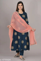 Women's printed rayon Anarkali Kurta set with matching pants, three-quarter sleeves, vibrant print design on display
