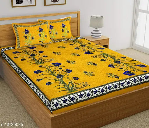 Jaipuri yellow cotton double bed sheet with 2 pillow covers, featuring vibrant flower prints from India