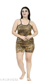 Multicolor printed satin nightwear set for women, includes top & shorts, silky fabric, sleeveless design, India-origin