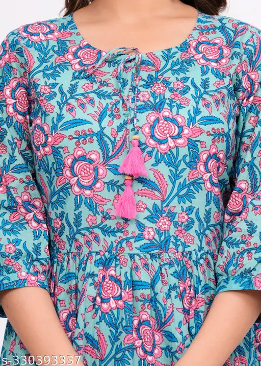 Cotton Floral Print Anarkali Kurti, three-quarter sleeves, vibrant floral print, Indian ethnic wear for women, various sizes available