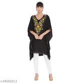 Black rayon embroidered kaftan top, short sleeves, Indian origin
