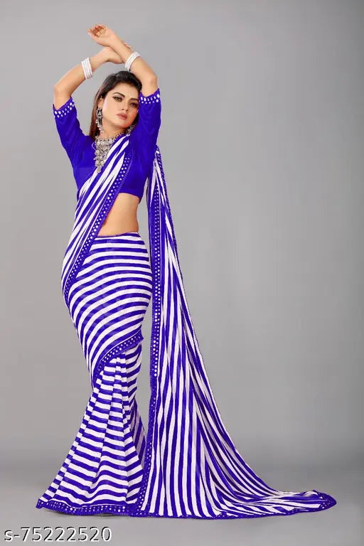 Striped Rajshahi Georgette zebra-print saree with separate cotton blouse, free size, India
