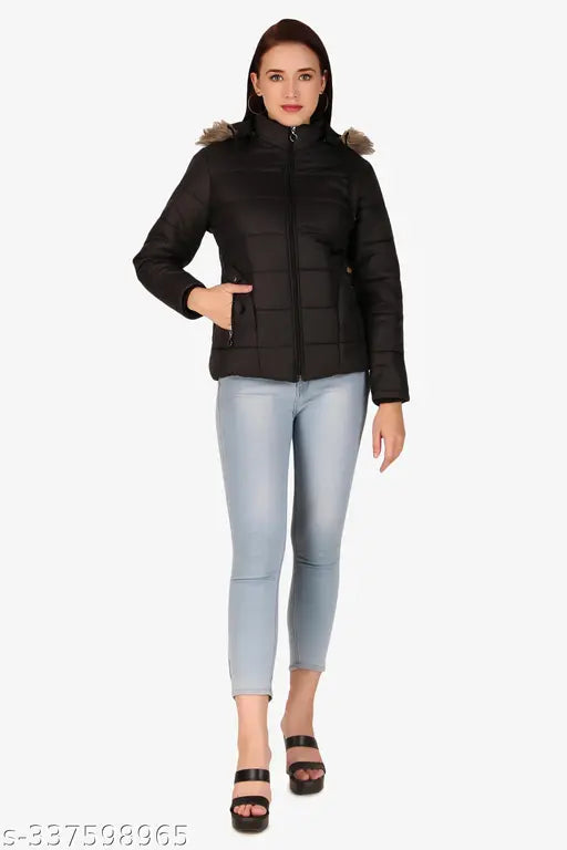 Solid winter wear polyester jacket for Comfot Fit, modern women's hooded style with adjustable hood, ribbed cuffs, and side pockets