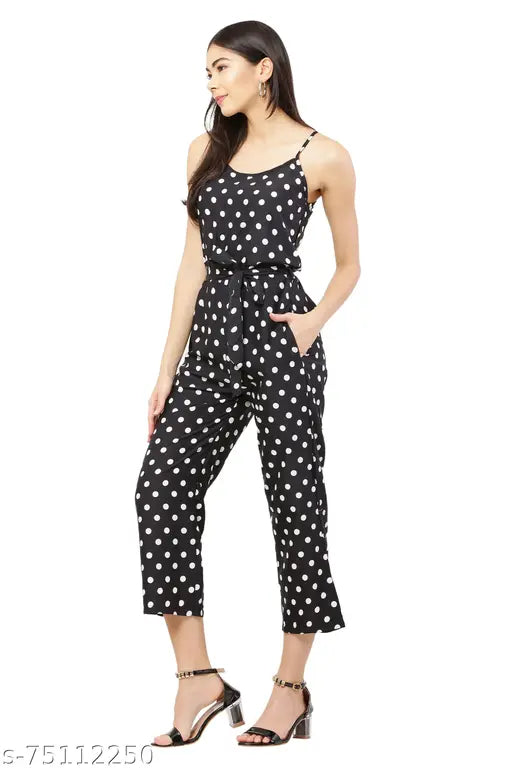 Crepe polka dotted jumpsuit with back chain and belt, self-design, sleeveless, casual party wear