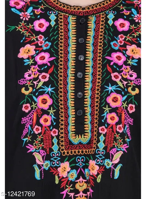 Black embroidered crepe top for women, three-quarter sleeves, SAAKAA brand, India origin