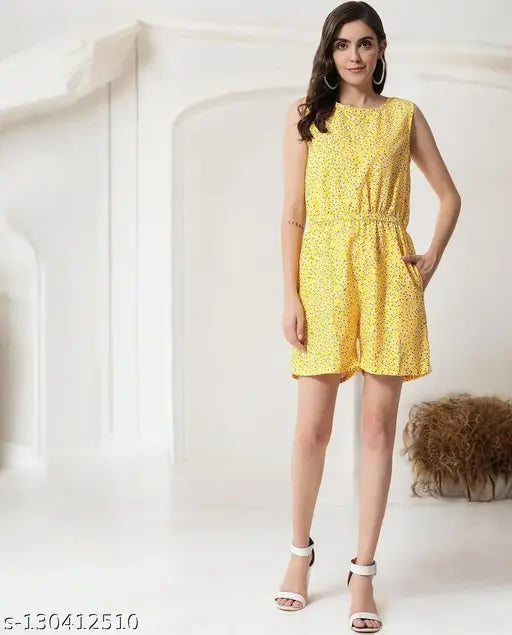 Yellow crepe sleeveless floral print short jumpsuit for women, suitable for parties and casual events