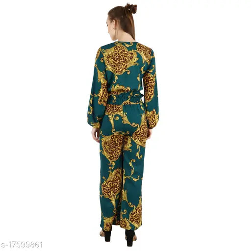 Green polyester women's animal print v-neck jumpsuit on hanger, size M