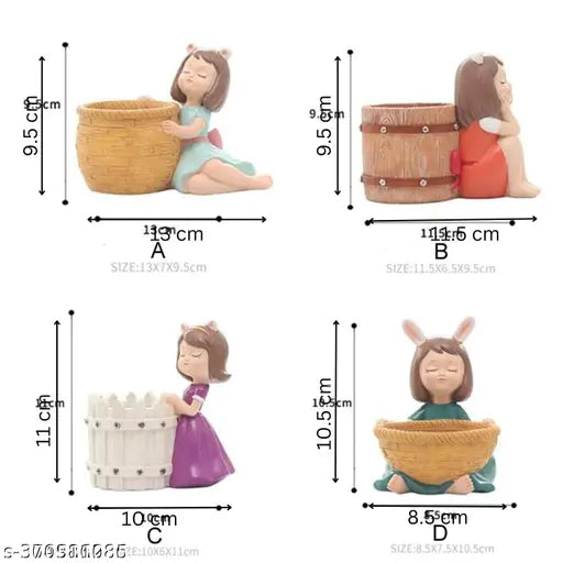 Resin basket girl succulent planter set of 4, whimsical multi-basket design for indoor/outdoor spaces, handcrafted in India