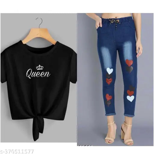 Cotton blend denim jogger and t-shirt combo pack 2 for kids, 11-16 years, printed pattern