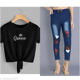 Cotton blend denim jogger and t-shirt combo pack 2 for kids, 11-16 years, printed pattern