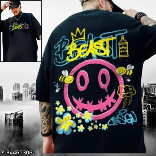 Black oversize round Crazy Bee men's cotton t-shirt with panda print, three-quarter sleeves