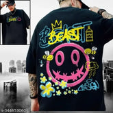 Black oversize round Crazy Bee men's cotton t-shirt with panda print, three-quarter sleeves