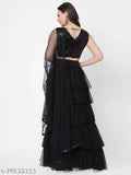 Black nylon net semi-stitched ceremonial lehenga choli with dupatta, adorned with sequence work on choli. Indian made
