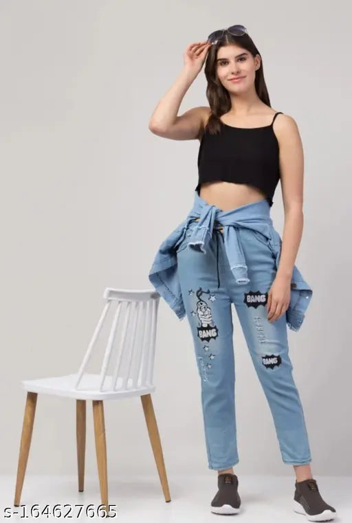 Star light blue denim women's jacket & jogger set, solid pattern, long sleeves, S-XL sizes