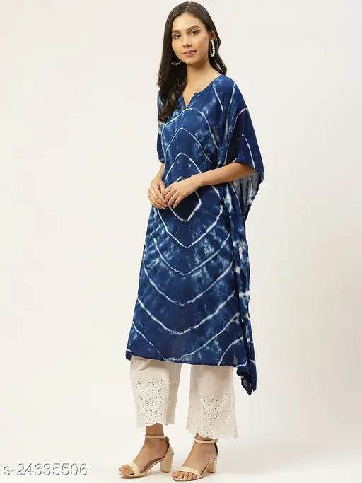 Blue Rayon Crepe Loose Kaftan, tie-dye pattern, size S (36in bust, 44in length) - vibrant Indian style clothing