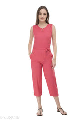 Rayon sleeveless jumpsuit for casual and party wear, stylish solid-colored outfit on hanger