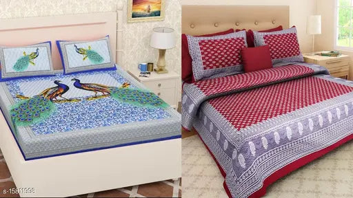 Jaipuri peacock printed double bedsheet and trendy cotton bedsheet combo pack, includes 4 pillow covers, fine thread count, India origin