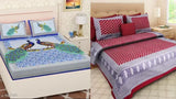Jaipuri peacock printed double bedsheet and trendy cotton bedsheet combo pack, includes 4 pillow covers, fine thread count, India origin