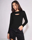 Shriez women's cotton linen chest cutout fullsleeve t-shirt, solid net design in XL size (bust 42in, length 25in), adds glamour to casual ensembles