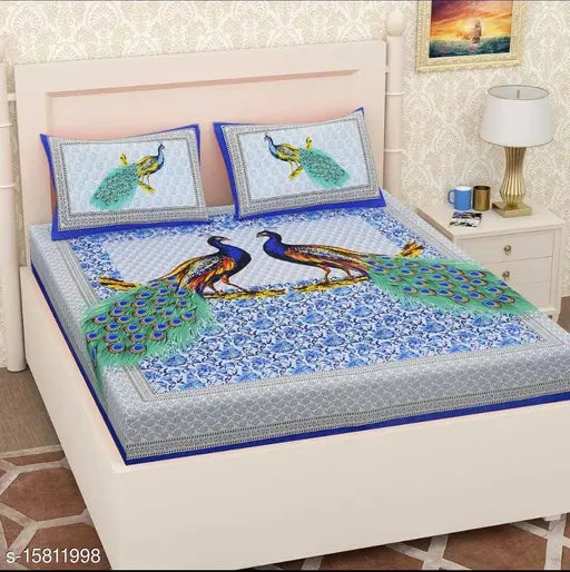 Jaipuri peacock printed double bedsheet, trendy cotton blend with matching pillow covers (4 pieces), Indian-made double queen combo pack
