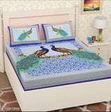 Jaipuri peacock printed double bedsheet, trendy cotton blend with matching pillow covers (4 pieces), Indian-made double queen combo pack
