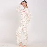 White rayon star moon print women's loungewear set with long sleeves and matching pyjamas, printed design on display