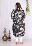 Black plus size floral print pure cotton straight kurta with three-quarter sleeves, featuring a stunning design on a comfortable and breathable fabric. Perfect for women in sizes XXL, XXXL (46" bust, 46" length), 4XL (48" bust, 46" length), and 9XL. Made in India