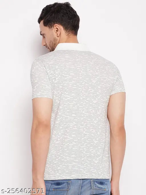 White striped cotton polo shirt, men's self-design half sleeves, available in M, L, XL, XXL