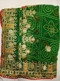 Green Georgette saree with Banarasi silk blouse, embellished with zari embroidery. Beautiful bandhani print for daily, party and traditional wear. Indian-made, free size (5.5m x 0.8m)