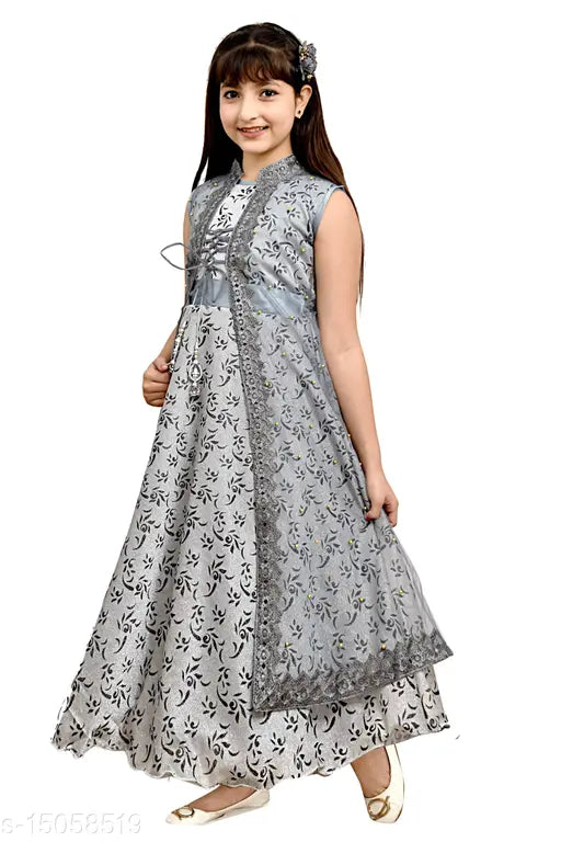 Grey silk sleeveless frock for girls, printed net pattern, size 3-4 years, India origin