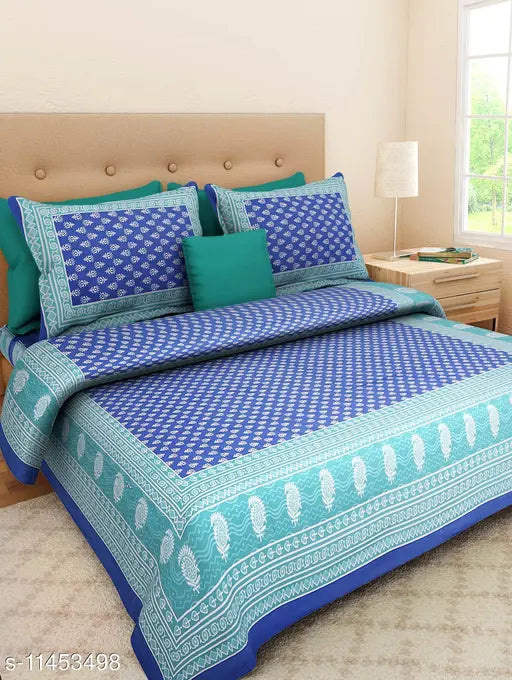 Multicolor Jaipuri print cotton queen bedsheets set with 4 pillow covers, vibrant and traditional for queen-sized beds