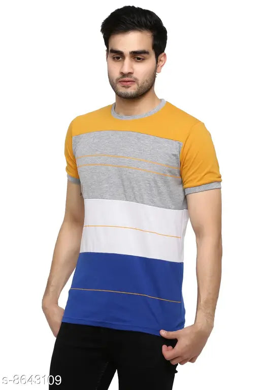 Multicolor printed cotton blend round neck half t-shirt on fashionable mannequin