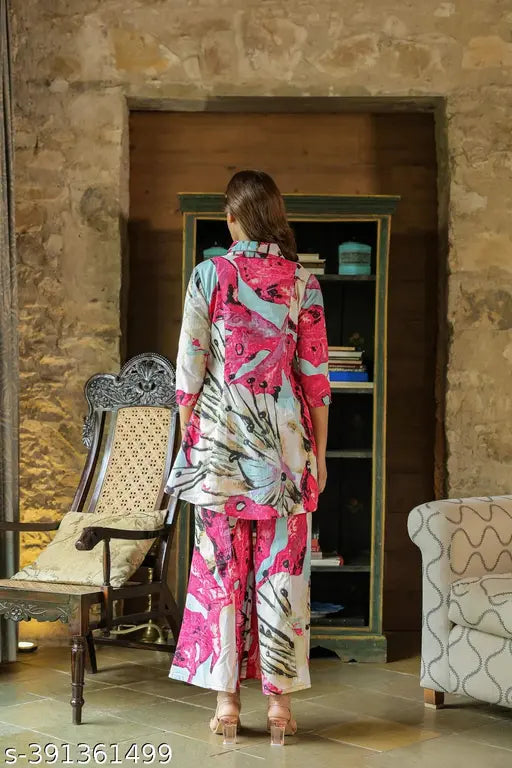 Floral print rayon A-line kurta and palazzo pajama set for women, pack of 2 - Indian summer wear