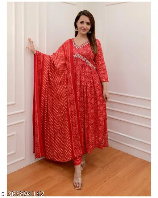 Red viscose rayon Afghani kurta set with dupatta and palazzo, beautiful prosen print on three-quarter sleeves, size L from India
