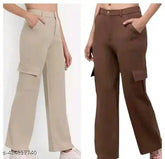 Cotton blend high-rise cargo pants, solid color, versatile for casual wear and regular use - Women's combo set (Size: 26, 28, 30, 32)