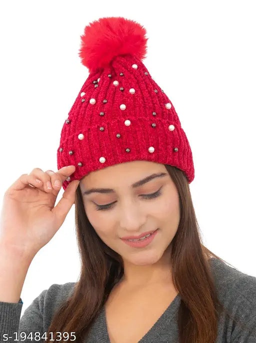 Soft pearl knitted wool beanie, velvet wool yarn & fur lining, warm winter cap with pom pom - KHM