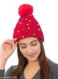 Soft pearl knitted wool beanie, velvet wool yarn & fur lining, warm winter cap with pom pom - KHM