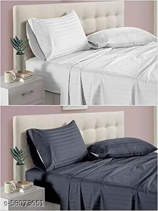 White & Grey Striped Cotton Satin Bedsheets Set for Double King Bed (228x254 CM), AKIN 220 TC Glace, includes 4 pillow covers, ideal for homes, hotels, and guest houses