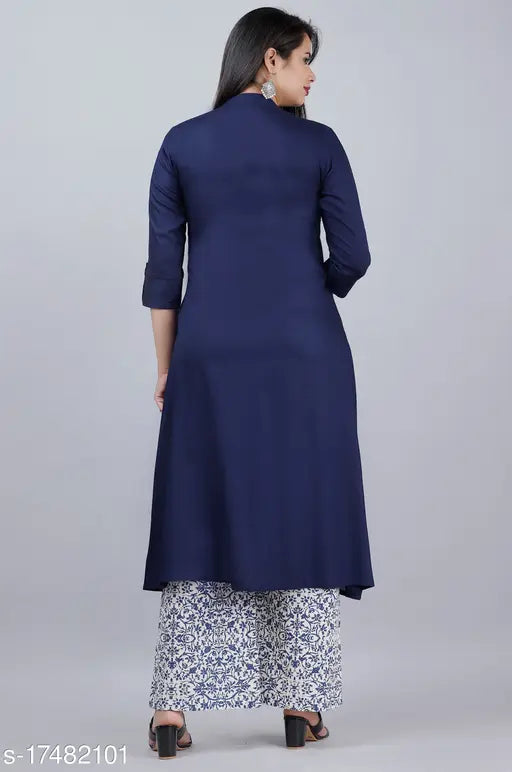 Rayon A-line kurti with printed Palazzo, Indian-made women's fashion featuring three-quarter sleeves and one side pocket