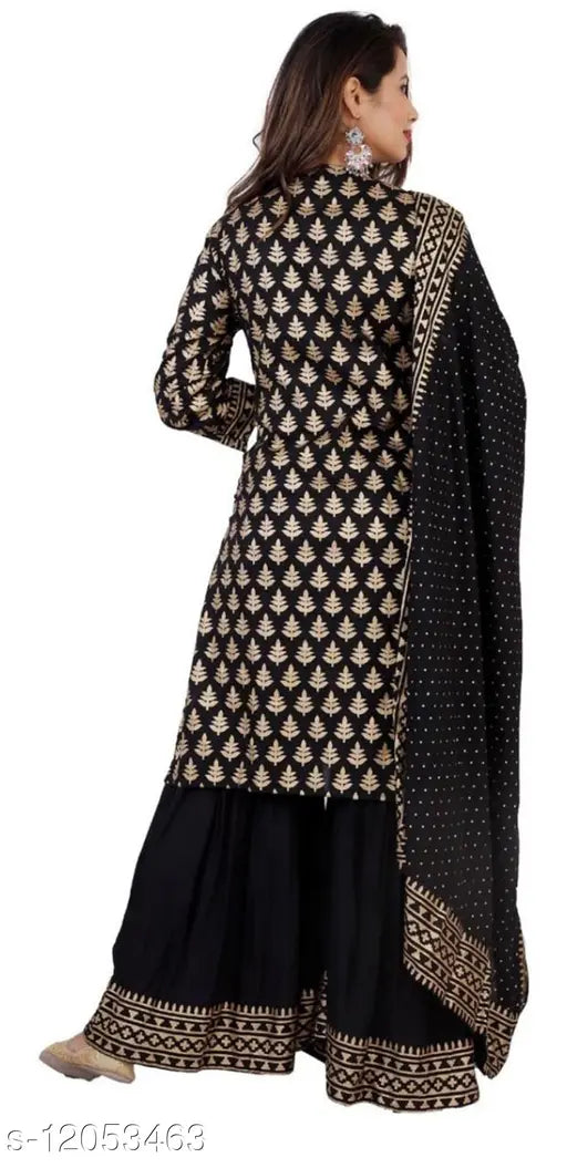 Women's floral black rayon Kurta set with Sharara, printed net rayon fabric and three-quarter sleeves on display