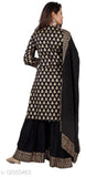 Women's floral black rayon Kurta set with Sharara, printed net rayon fabric and three-quarter sleeves on display