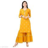 Yellow Crepe A-line Palazzo Kurta Set with Sharara bottom, printed net pattern on loose-fitting design for women's comfortable lounge wear from NAINVISH, India