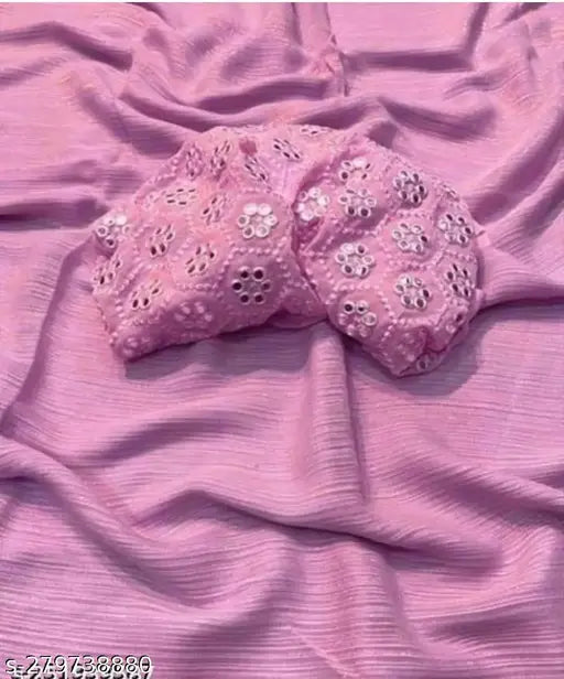 Shimmer Gergete pink saree with embellished net blouse, free size, India-origin Georgette fabric