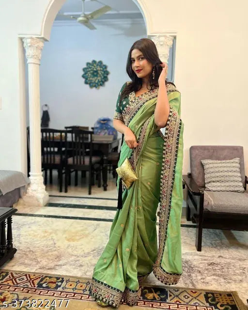 Vichitra Silk women's saree with heavy embroidery lace blouse, Indian designer party wear, free size