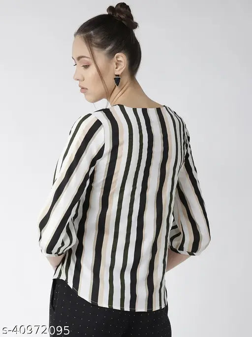 Off-white and black striped top for women, polyester fabric with three-quarter sleeves and waist tie up detail