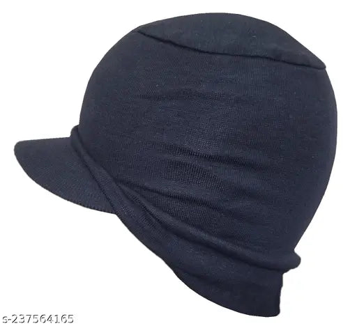 Black cotton beanie cap with skull design & visor, durable stretch lycra for unisex fit, made in India