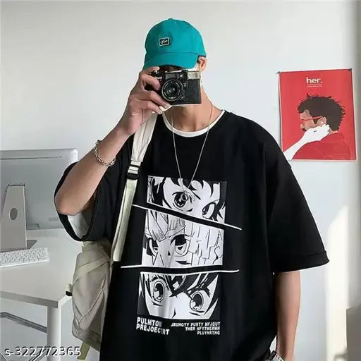 Black printed cotton blend men's oversized t-shirt with anime graphics, round neck, down-shoulder design