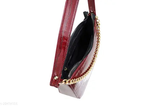 Red synthetic slingbag handbag with crocodile leather print, short handle for girls' fashion accessories
